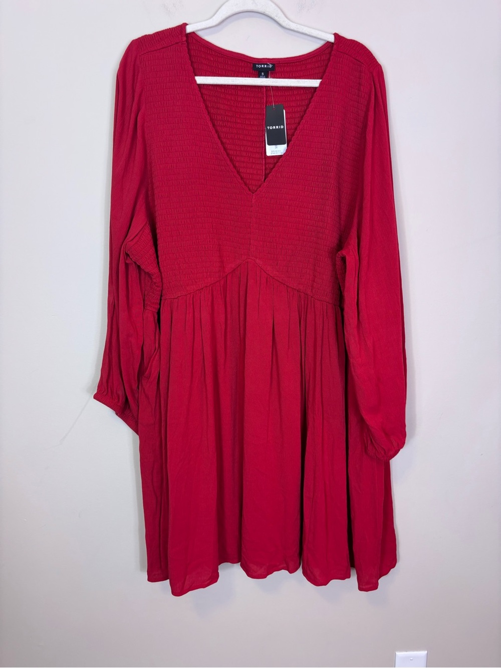 torrid Deep V-Neck Dark Pink Smocked Babydoll Long Sleeve Dress 5X